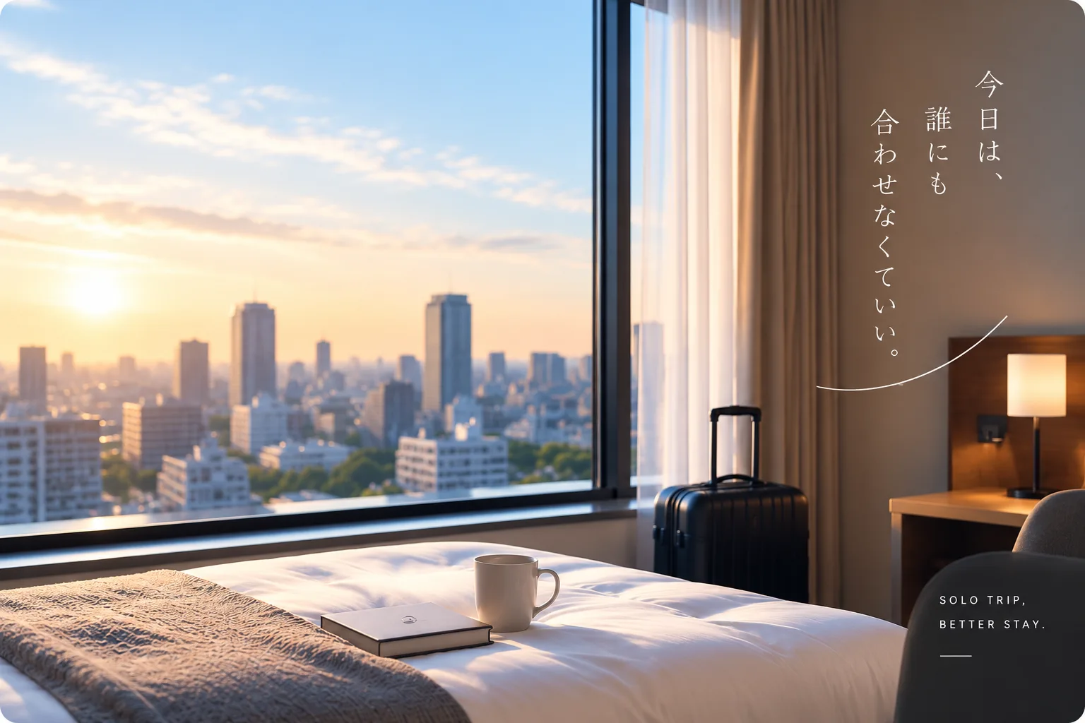 朝焼けの街を望むホテルの客室。一人旅の静かな滞在イメージ